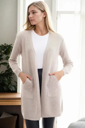 Dewberry 99224 Kangaroo Pocket Knitwear Cardigan-STONE