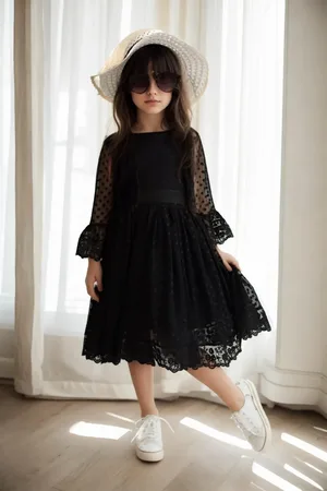 Dewberry N8712 Princess Model Girls Dress with Hat & Lace-BLACK