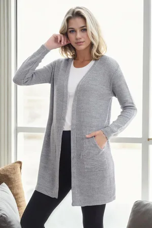 Dewberry 99224 Kangaroo Pocket Knitwear Cardigan-LIGHT GREY