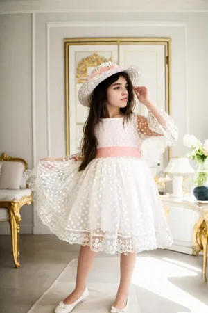 Dewberry N8712 Princess Model Girls Dress with Hat & Lace-WHITE