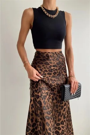Dewberry 68223 Leopard Pattern Satin Midi Length Skirt-BLACK-BROWN