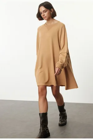 Trendyol Camel Plain Relaxed/Comfortable Fit Crew Neck Sweatshirt Knitted Dress
