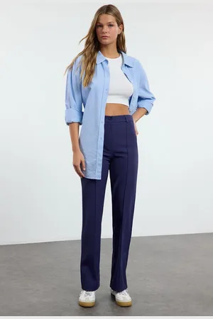 Trendyol Navy Blue Straight Cut Vysoký pas Žebrovaný prošívaný tkaný Kalhoty