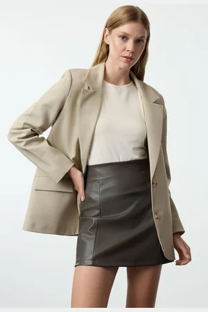 Trendyol Khaki Faux Leather High Waist Skirt