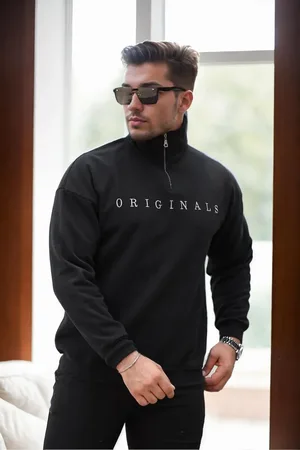 Dewberry 93671 Embroidered Zippered Oversize Mens Sweatshirt-BLACK