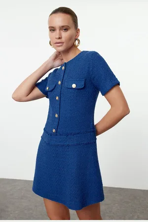 Trendyol Navy Blue A-Line Button Detailed Mini Tweed Woven Dress