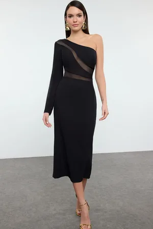 Trendyol Black Body-Sit Asymmetrical Collar Single Sleeve Woven Elegant Evening Dress