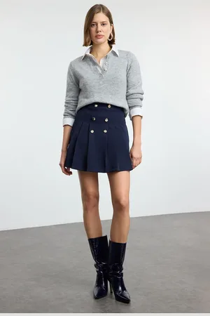 Trendyol Navy Blue Button Detail Pleated Weaving Skirt