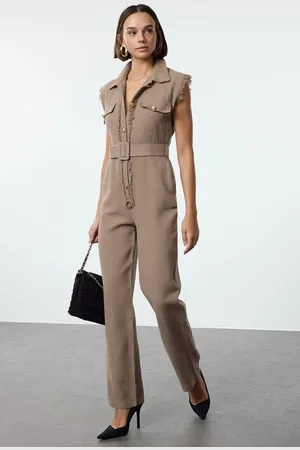 Trendyol Beige Belted Shirt Collar Button Detailed Tweed Woven Overalls