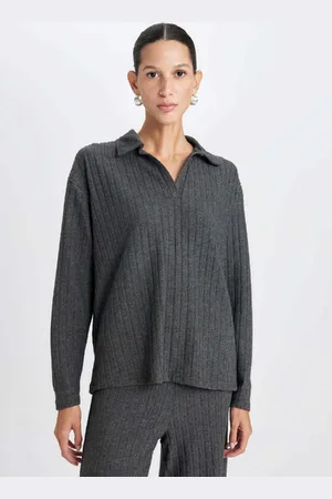 DeFacto Anthracite Relax Fit Polo Collar Casual Ribbed Camisole Long Sleeve T-Shirt