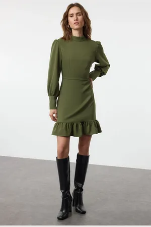 Trendyol Khaki A-Line Stand Collar Mini Woven Dress with Pleated Skirt