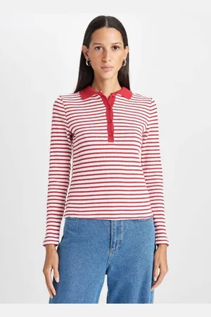 DeFacto Slim Fit Slim Fit Polo Collar Button-down Striped Ribbed Camisole Long Sleeve T-Shirt