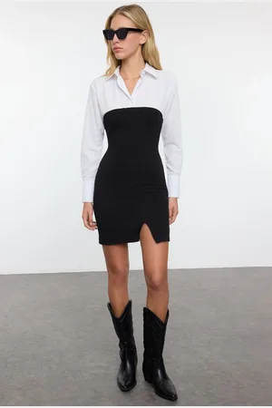 Trendyol Black Woven Garnish Color Block Bodycone/Fits Knit Dress