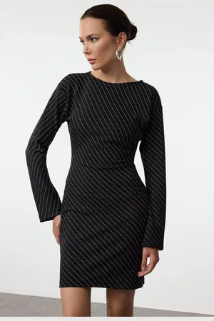 Trendyol Black Striped Bodycone Gather/Drape Mini Knit Dress