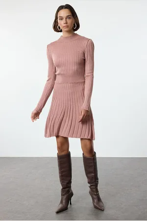 Trendyol Dusty Rose Mini Knitwear Frilled Stand Collar Dress