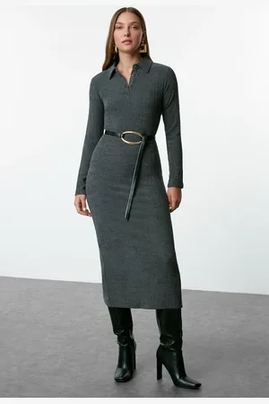Trendyol Anthracite Plain Polo Neck Bodycone/Fitting Textured Button Detailed Knitted Dress