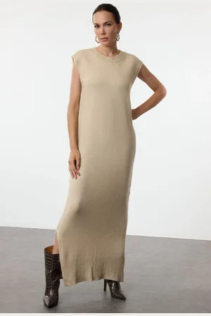 Trendyol Beige Maxi Knitwear Soft Texture Slit Detailed Vest Dress
