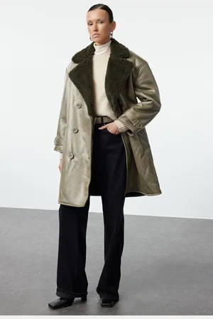 Trendyol Khaki Fur Collar Oversize Long Coat