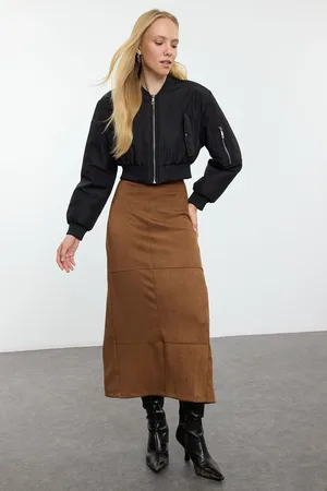 Trendyol Camel Back Slit Detail Suede Fabric Maxi Length Woven Skirt