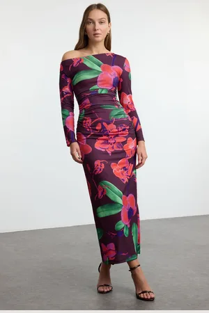 Trendyol Multicolored Floral Fitted Gather/Drape Detail Maxi Knit Dress