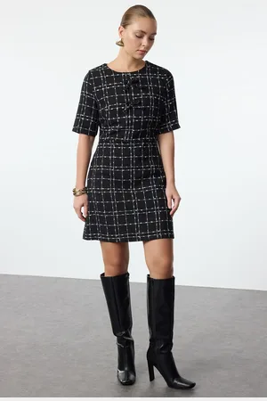 Trendyol Black Checkered A-Line Bow Detailed Mini Woven Tweed Dress