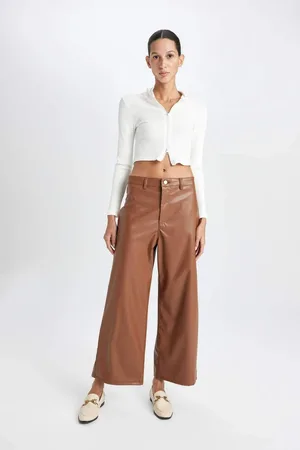 DeFacto Culotte Crop Faux Leather Pants High Waist Wide Leg