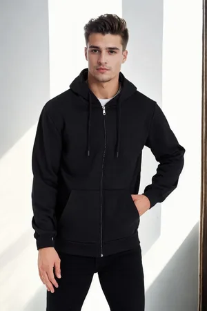 Dewberry 94090 Kangaroo Pocket Hooded Zipper Mens Sweatshirt-BLACK