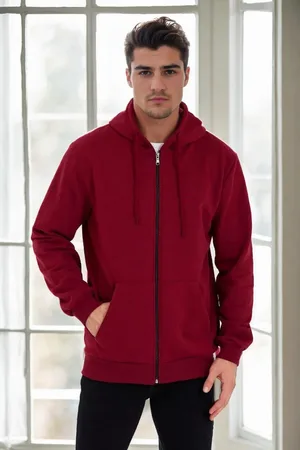 Dewberry 94090 Kangaroo Pocket Hooded Zipper Mens Sweatshirt-BURGUNDY