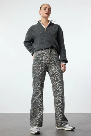 Trendyol Multicolored Leopard Patterned Brown High Waist Wide Leg Jeans