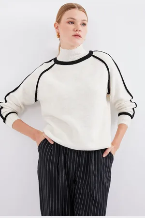 Bigdart 15879 Striped Oversize Knitwear Sweater - Ecru