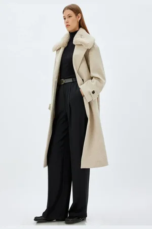 Koton Long Faux Für Cashmere Coat with Removable Collar and Pocket