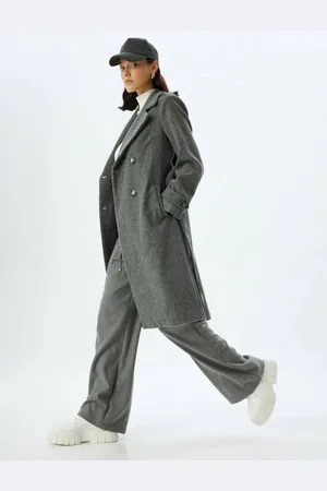 Koton Double Breasted Collar Long Stamp Coat with Belt Detail