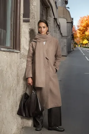 Trendyol Mink Oversize Woolen Wide Cut Long Coat with Shawl