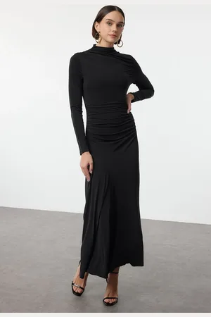 Trendyol Black Fitted Stand Collar Long Sleeve Flexible Maxi Knit Dress