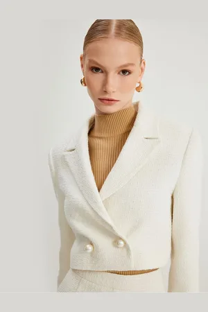 Koton Crop Tweed Blazer Jacket Double Breasted Pearl Buttons