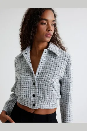 Koton Tweed Bomber Jacket with Pockets and Buttoned Shirt Collar
