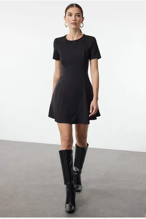 Trendyol Black Skirt Waist-Opening Bow Rhinestone Accessory Detailed Mini Woven Dress