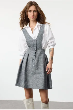 Trendyol Indigo Plain Buttoned Mini Woven Dress
