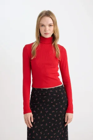 DeFacto Red Cool Fitted Turtleneck Ribbed Camisole Basic Plain Long Sleeve T-Shirt