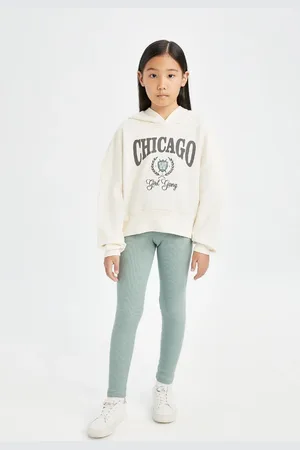 DeFacto Girl 2-Piece Set Hooded Printed Sweater Elastic Waistband Ribbed Camisole Tights