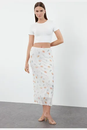 Trendyol Ecru Waist Detailed Printed Flexible Tulle Maxi Knitted Skirt