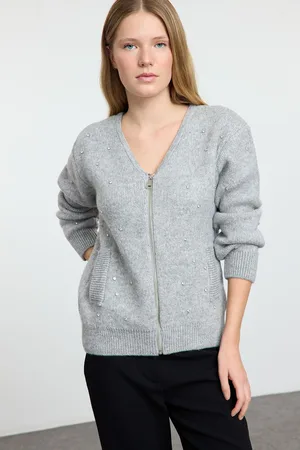 Trendyol Gray Soft Texture Stone Embroidered Coat Look Knitwear Cardigan