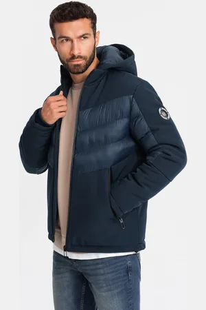 Ombre Clothing Pikowana kurtka męska z łączonych materiałów z wysokim kołnierzem – granatowa
