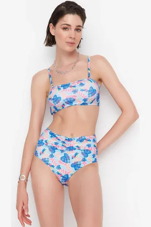 Trendyol High Waist Bikini Bottoms With Floral Pattern Shirring