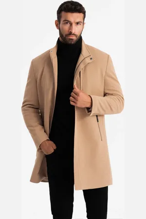 Ombre Clothing Structured fitted coat for men with high collar - light brown