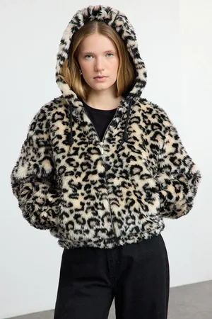 Trendyol Multicolored Brown Leopard Pattern Oversize Patterned Hooded Plush Coat