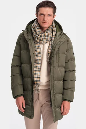 Ombre Clothing Długa zimowa kurtka męska pikowana o satynowym wykończeniu - khaki