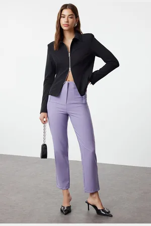 Trendyol Lilac Cigarette Pattern Darted High Waist Ankle Length Woven Fabric Trousers