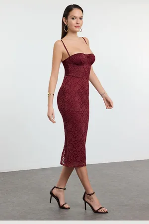 Trendyol Burgundy Lining Lace Knitted Midi Dress