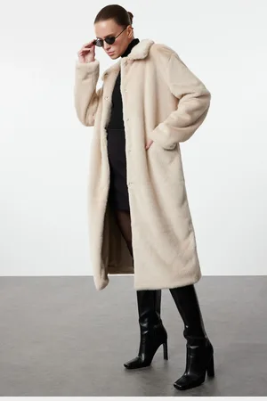 Trendyol Ecru Oversize Long Fur Coat